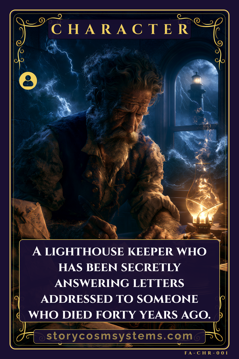Character writing prompt card: a lighthouse keeper writing letters by lamplight during a storm