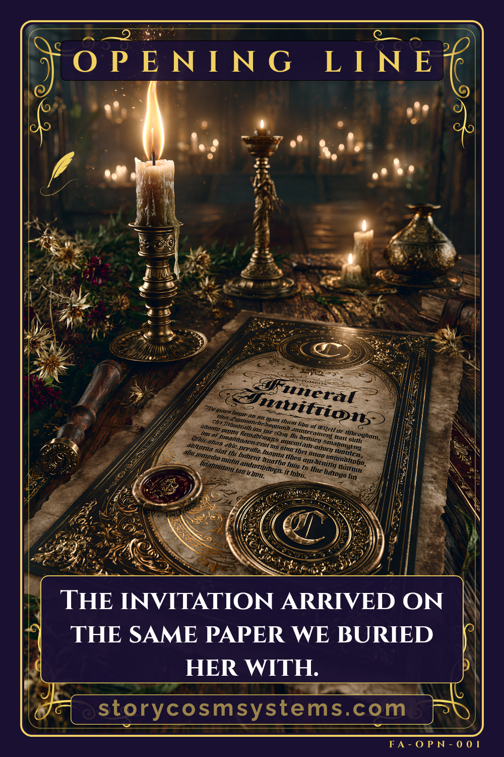 Creepy invitation story ideas prompt card: a funeral invitation on aged parchment surrounded by candles and dried flowers