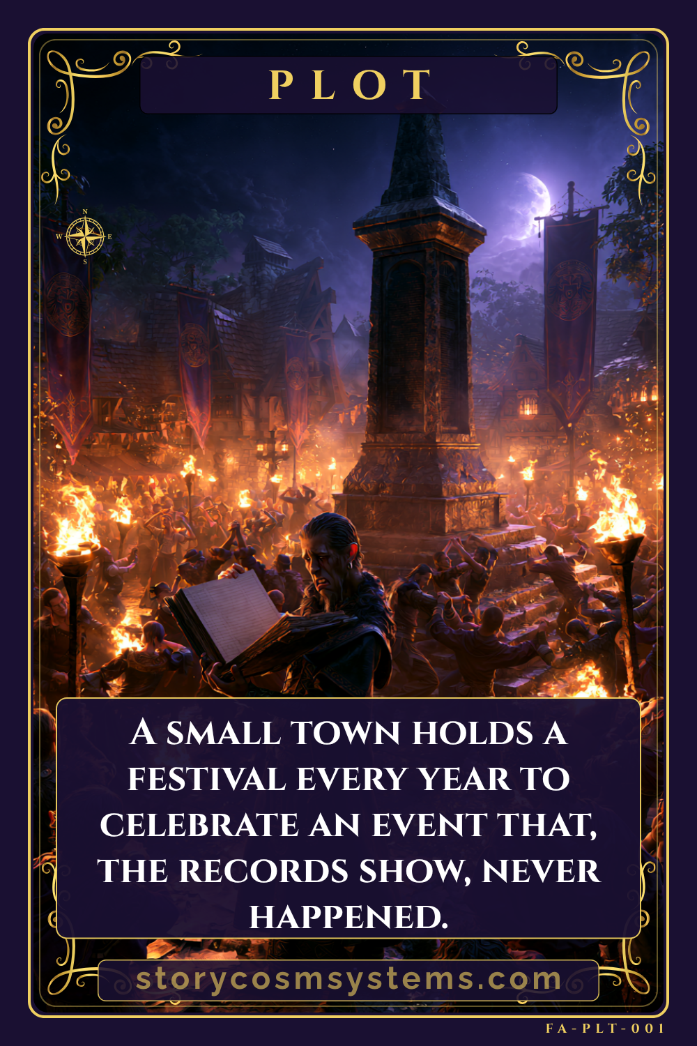 Plot writing prompt card: a torchlit town festival around a monument as one man reads the records