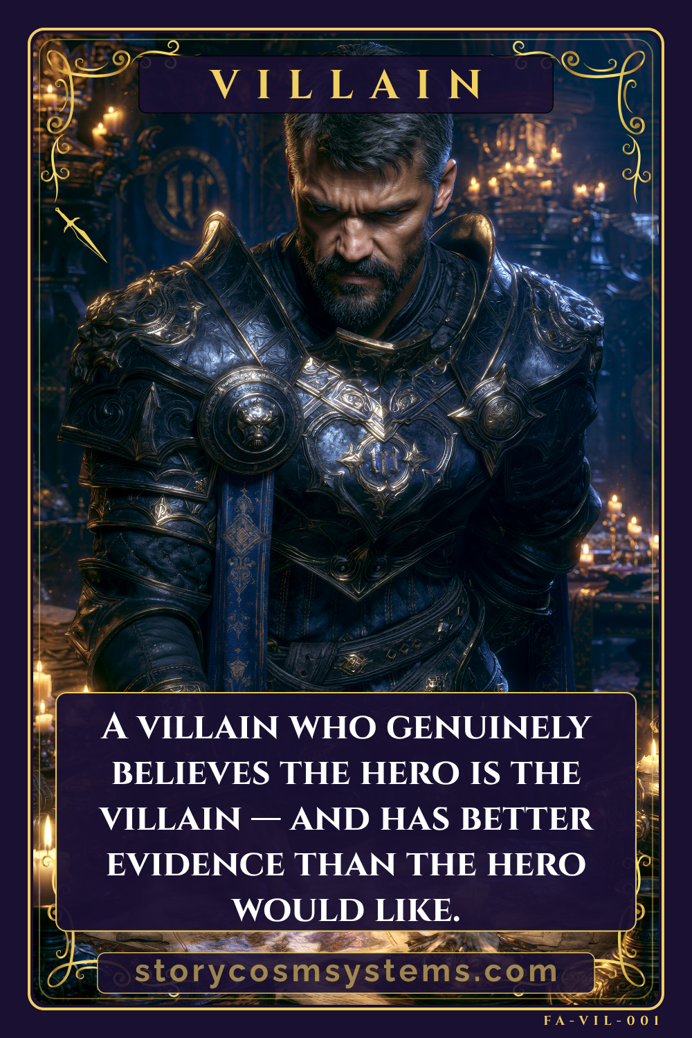 Righteous villain ideas prompt card: an armored commander stands grim-faced in a candlelit hall