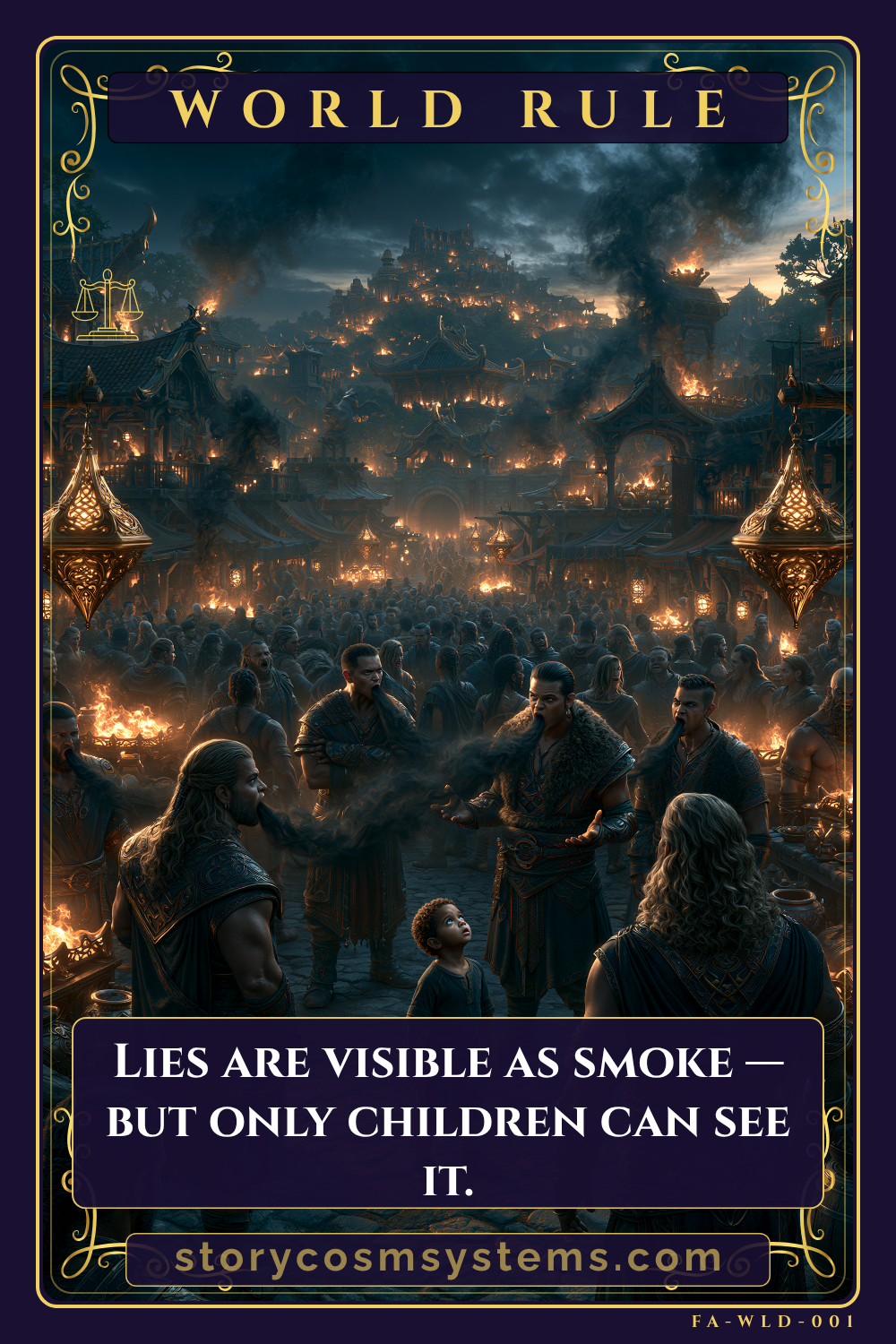 Worldbuilding prompt card: smoke pours from arguing men's mouths while a child watches in a torchlit city